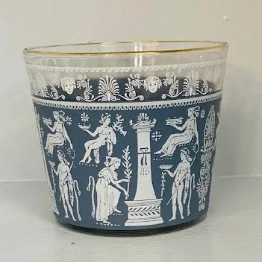 Jeanette Glass Wedgwood Style Grecian Blue Hellenic Glass Ice Bucket